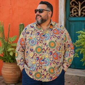Luc Matton Men's 3XL Shirt Disco Hippie Retro Festival Psychedelic Artsy Boho